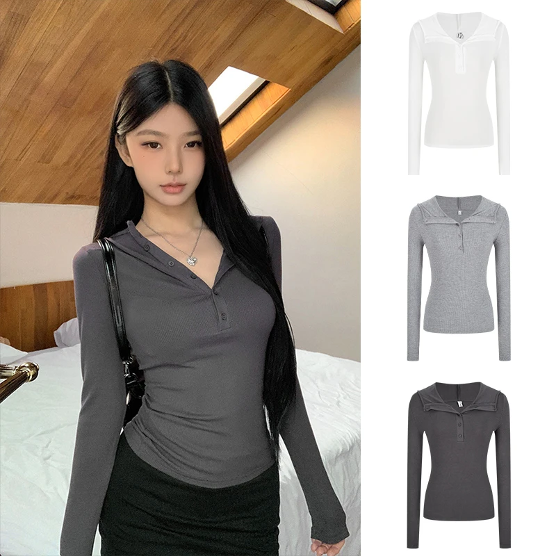 美式复古辣妹连帽排扣长袖T恤掐腰显瘦上衣