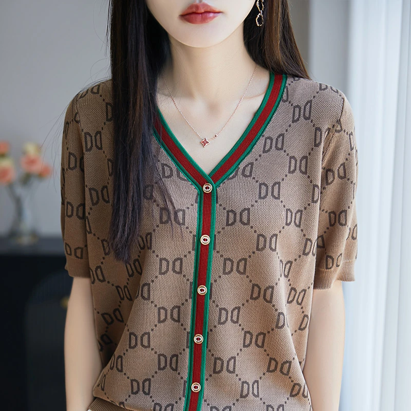 莱赛尔天丝 撞色提花针织短袖女复古风气质减龄上衣T恤 凉快透气