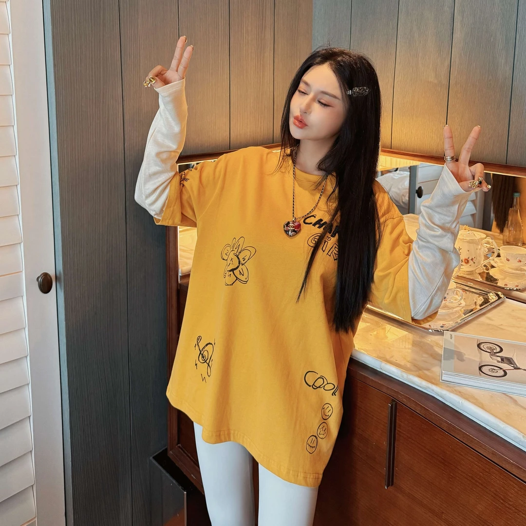 姗蔓深圳原版/262樱花慕斯卷~宽松百搭太阳花假两件长袖T恤