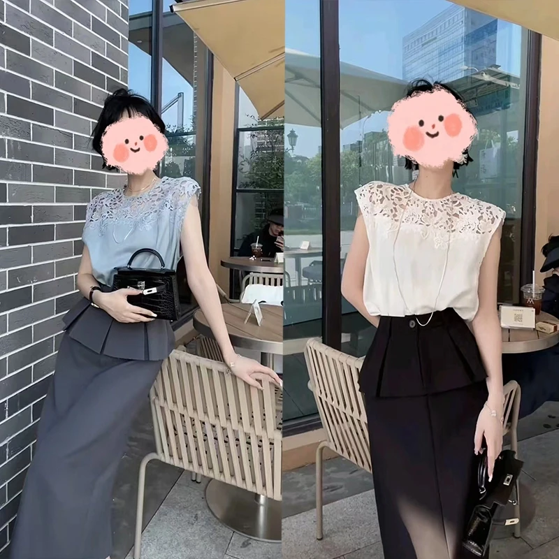 夏季新款法式蕾丝拼接无袖女上衣花边高腰半身裙套装