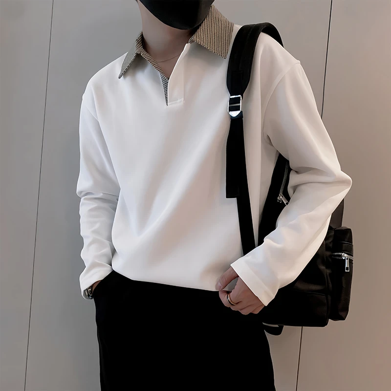美式千鸟格拼接Polo领长袖体恤2025新款小众百搭轻奢卫衣痞帅男装