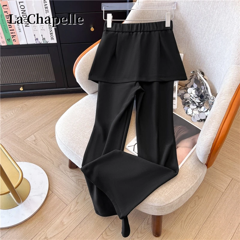 拉夏贝尔设计感叠穿假两件套屁帘微喇叭裤女秋高腰垂感直筒休闲裤