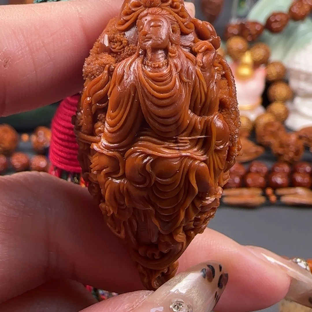 橄榄核手串/手链宽2.7鸡血红水晶核风景御龙观音大单颗