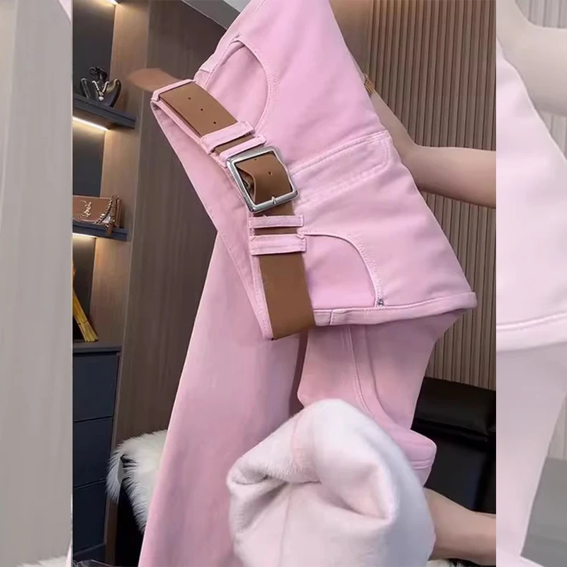 加绒加厚秋冬季新款时尚减龄粉色直筒牛仔裤韩版简约休闲百搭裤子