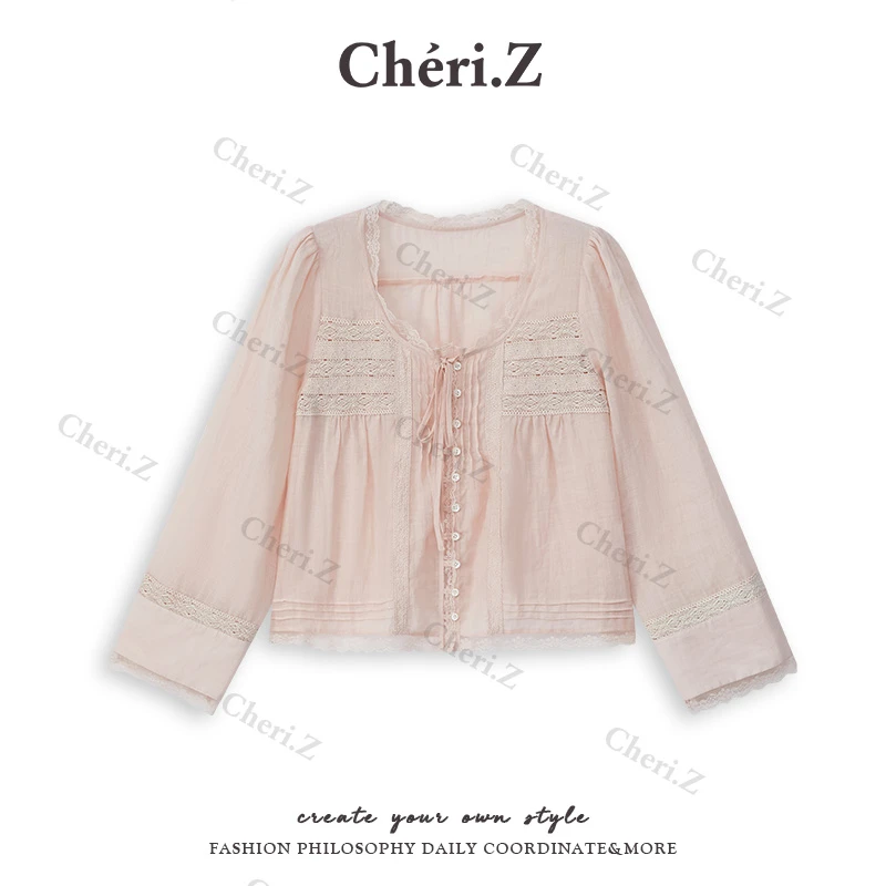 CHERI.Z早秋新款曼岛阳光法式重工拼接纯苎麻蕾丝小衫C24D03159T