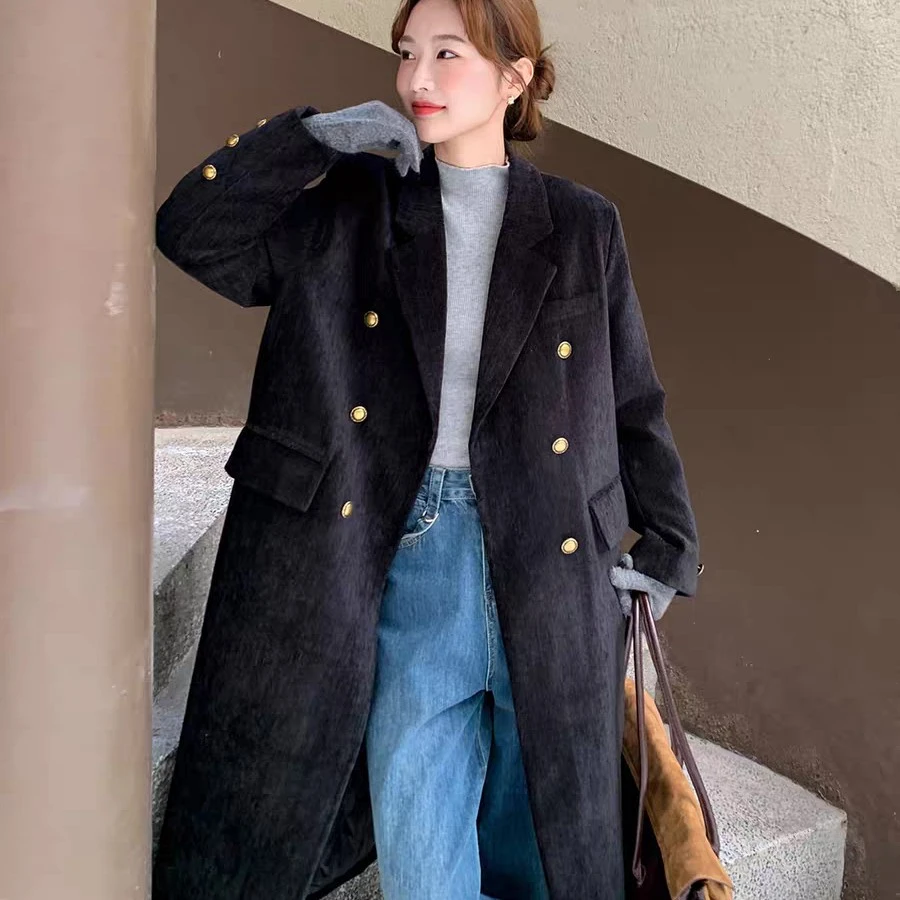 雪尼尔中长款西装白鸭绒内胆加厚雪尼尔拼接冬季复古显瘦外套女