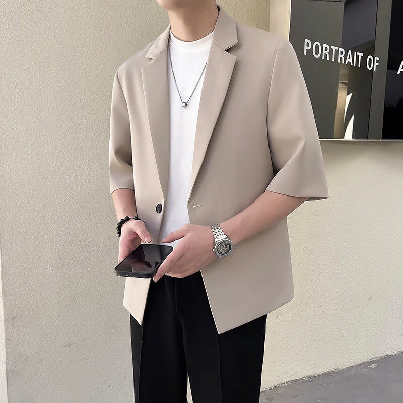男士高级感春夏季短袖小西服外套轻熟风男装上衣潮流商务休闲西装