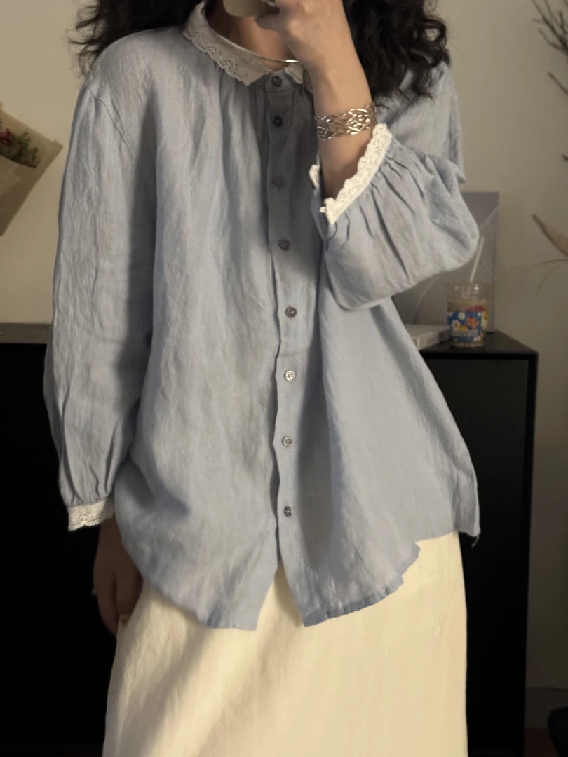 日系亚麻蕾丝领蓝格子小众设计感长袖衬衫