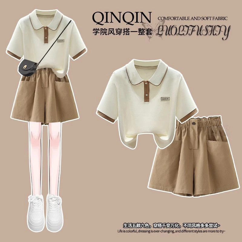 女童夏装POLO衫套装2025新款中大童学院风女孩T恤五分裤两件套潮