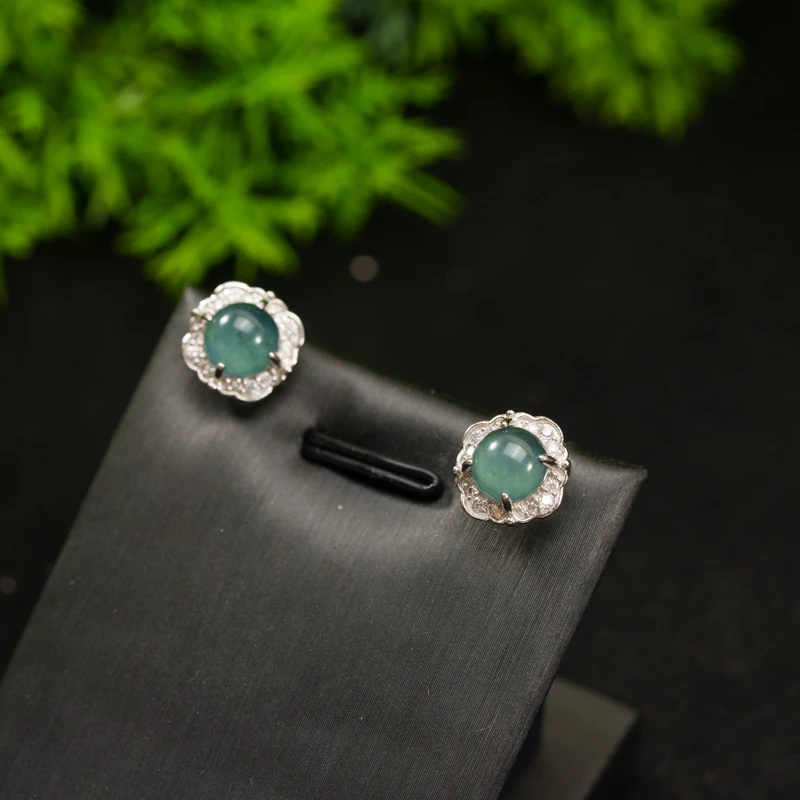 天然A货翡翠蓝水小蛋面YL70178翡翠耳钉