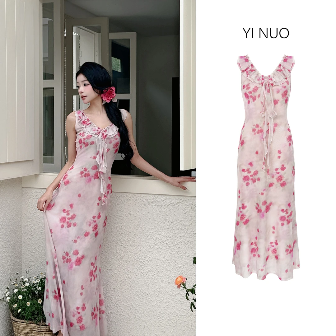 2025夏季新款韩版碎花荷叶边V领连衣裙女收腰显瘦气86166