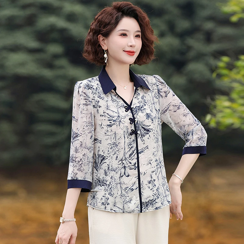 时尚妈妈装夏季洋气上衣减龄印花七分袖衬衫中老年女夏装薄款