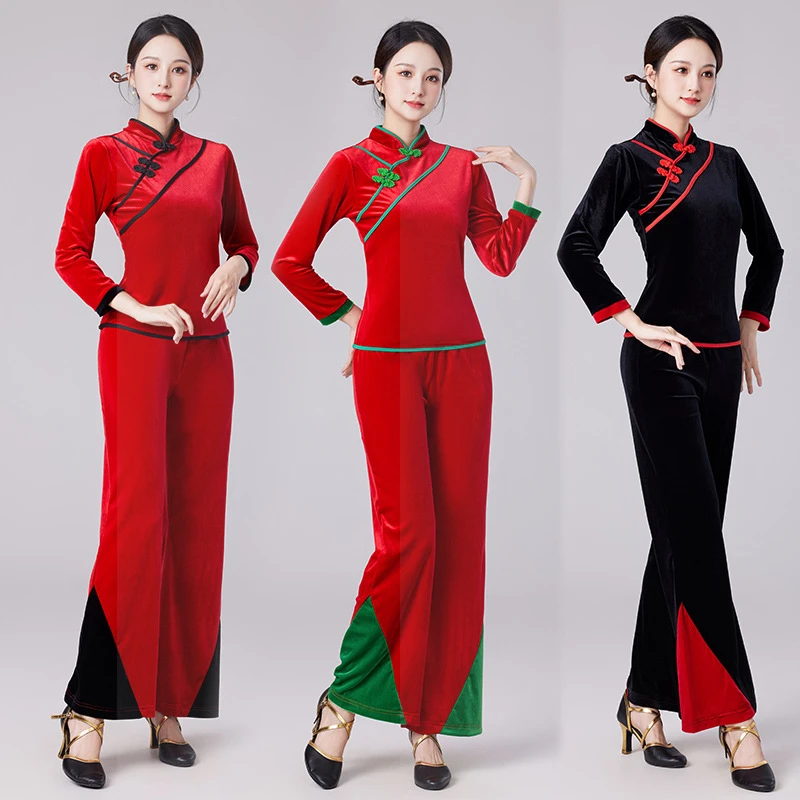 秋冬新款中老年金丝绒广场舞服装套装古典舞蹈演出服女表演2353