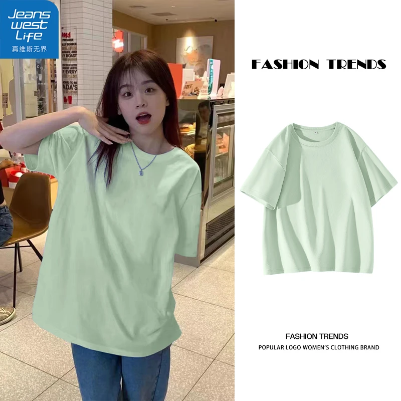 真维斯无界绿色宽松圆领短袖女生百搭时尚休闲纯棉简约夏季韩版