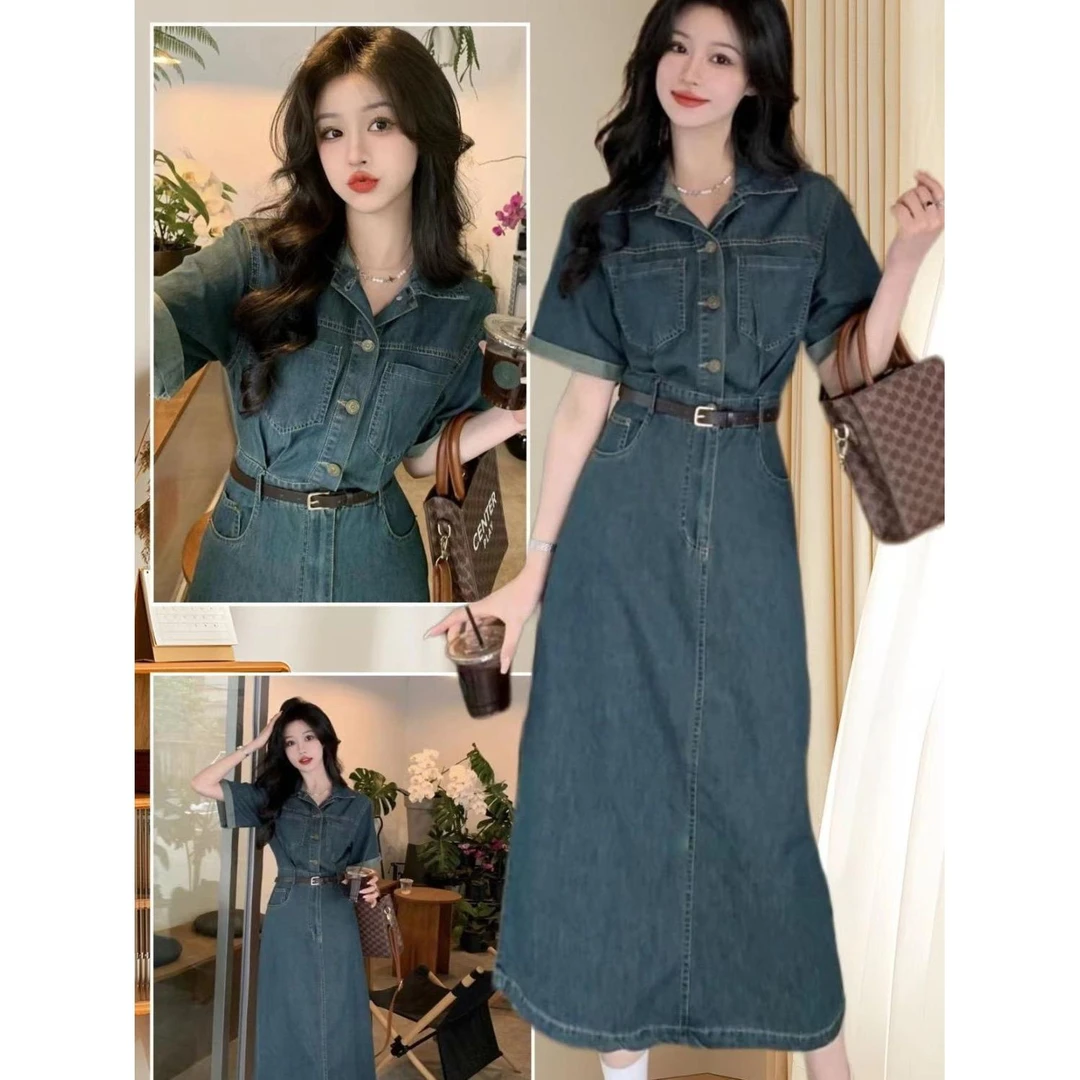 POLO领短袖牛仔连衣裙夏季2025新款小众设计感收腰中长款裙子女装