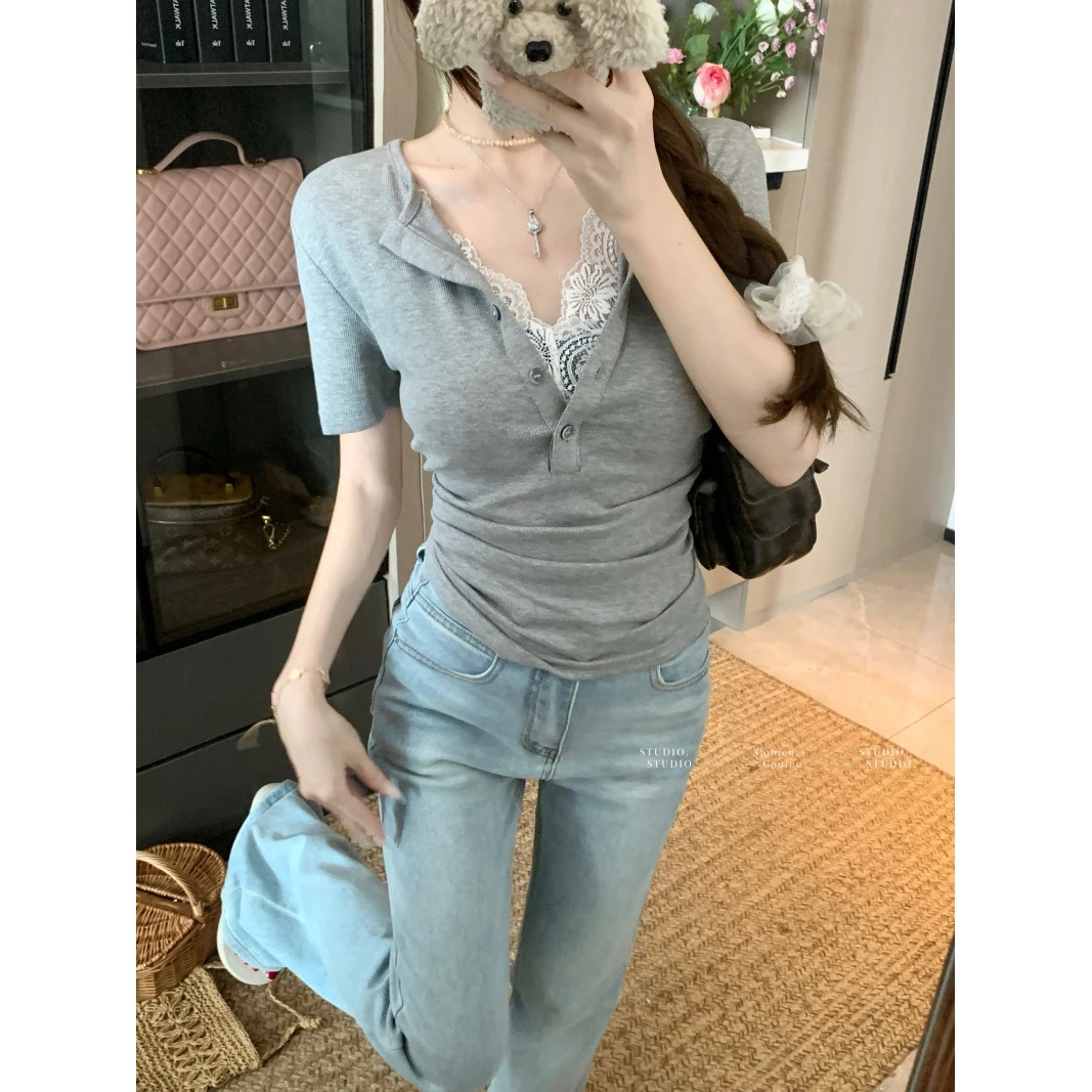 2025夏季大码微胖MM拼接蕾丝修身显瘦短袖T恤女洋气内搭打底衫上