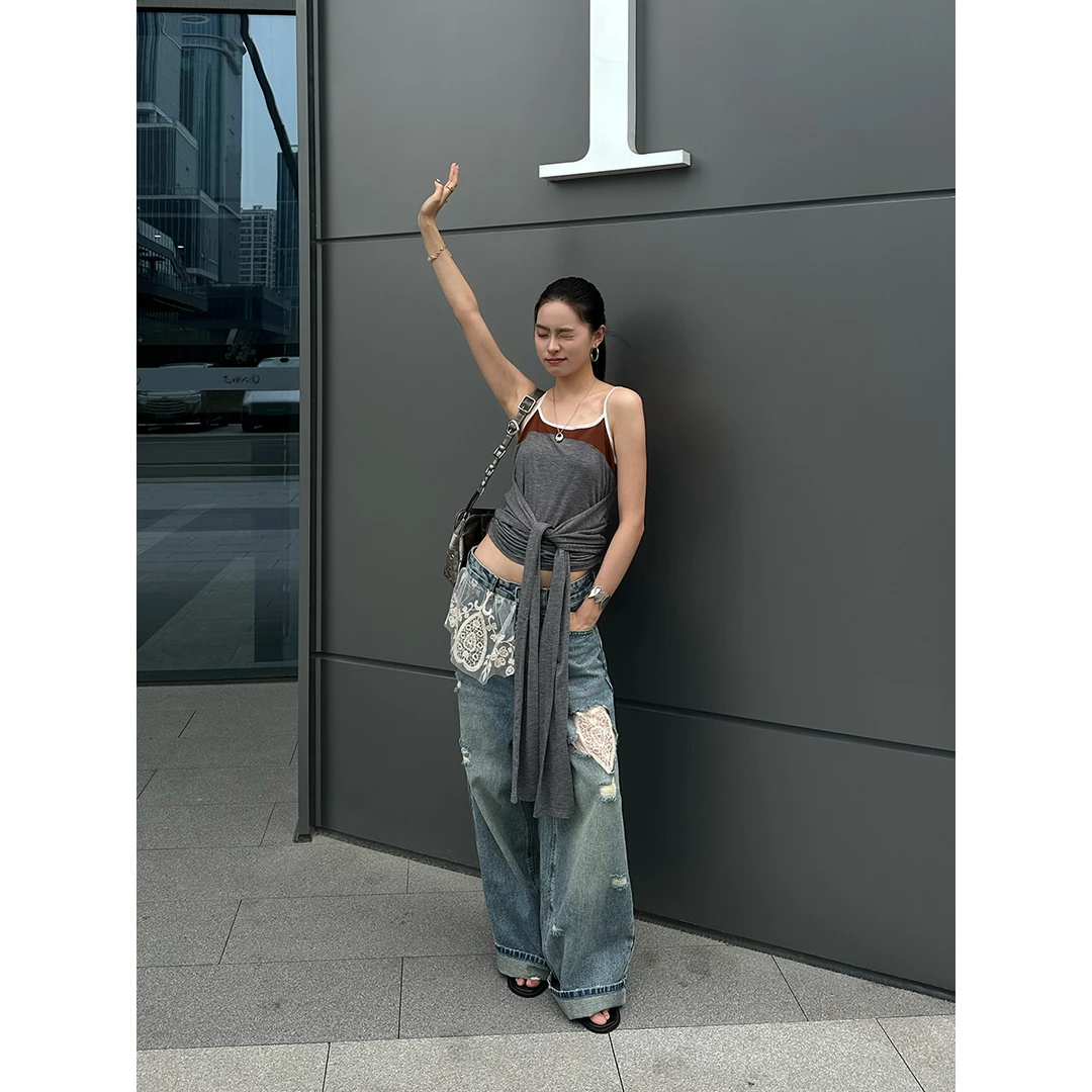 SHELLE ARTISTE小众设计师品牌25春夏新品钩花直筒破洞裤SOLSOL