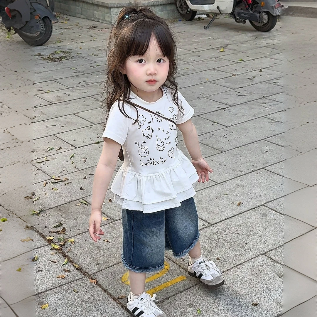 女童花边印花短袖T恤牛仔裤套装夏装韩版时髦儿童甜美半袖打底衫
