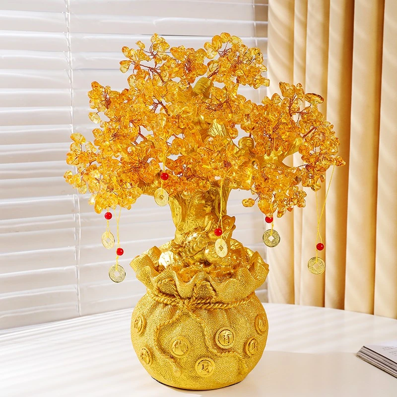 黄水晶发财树招财摆件家居酒柜装饰品客厅电视柜摇钱树开业礼品