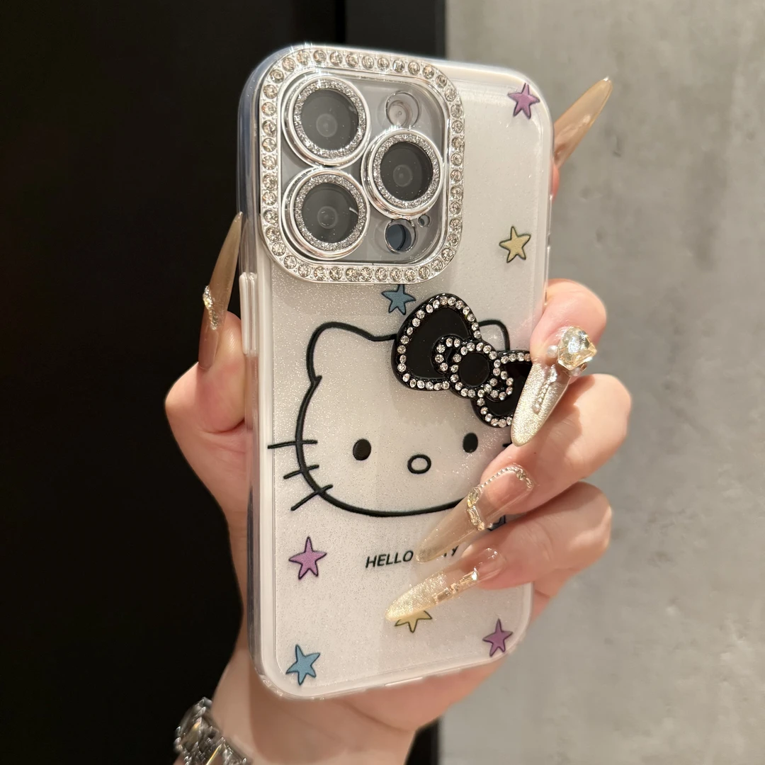 【专属】闪钻蝴蝶结KT涂鸦适用苹果17promax手机壳星星涂鸦16镜头膜