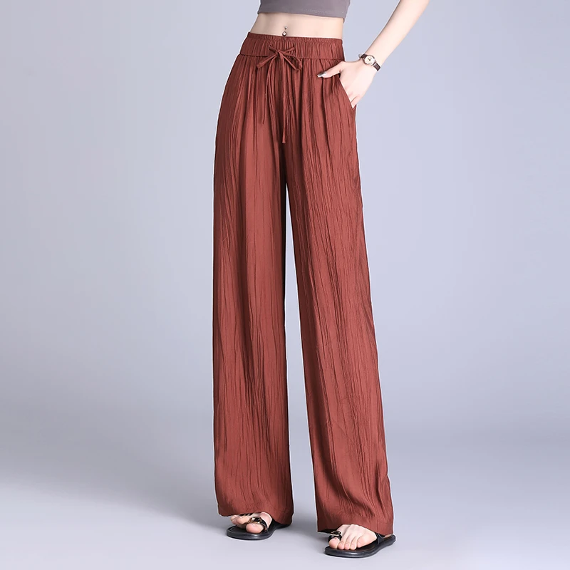 拉夏贝尔郑州女裤亚麻裤2025新款春夏爆款薄款阔腿裤梧桐紫薇裤子