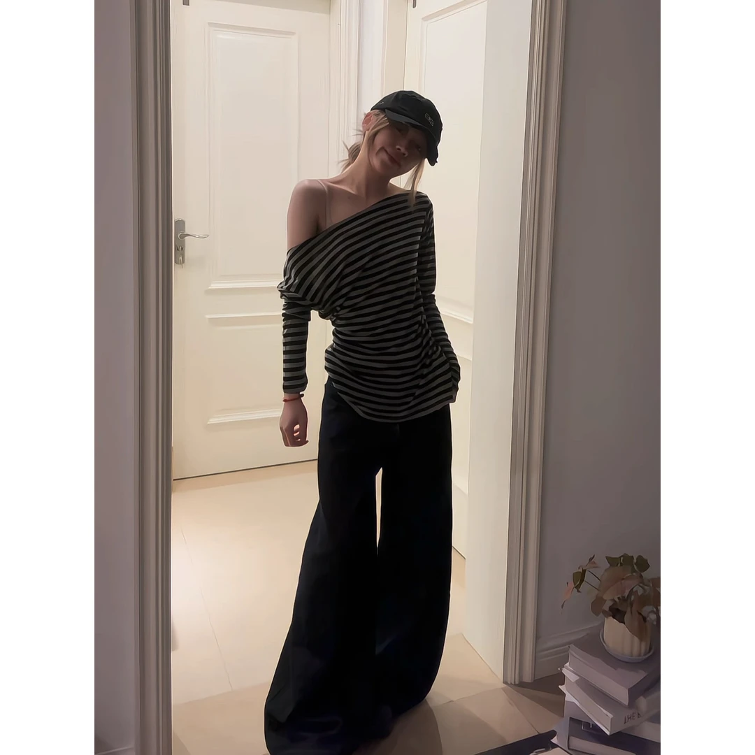 美式vintage复古时尚撞色条纹露减肩长袖t恤女春秋小众高级感上衣