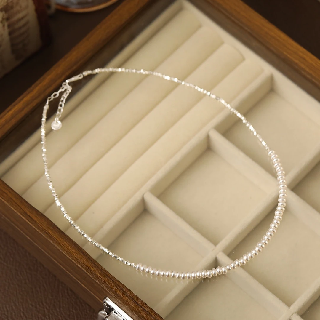 不锈钢仿珍珠项链 法式爆闪碎银珍珠项链女轻奢小众锁骨链
