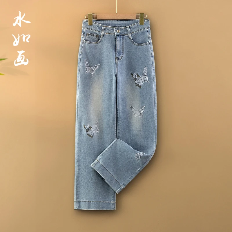 【思蝶】夏季2025新款薄款牛仔裤女装新中式直筒绣花休闲裤国风裤子