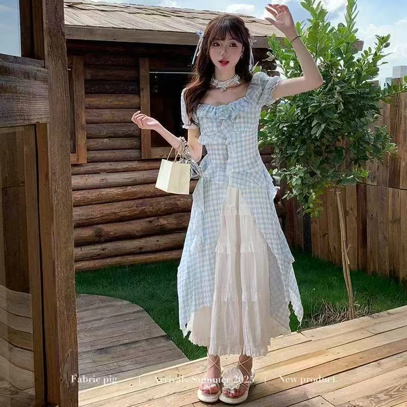 蓝色开叉格纹连衣裙女夏季^MM不规则拖尾两件套