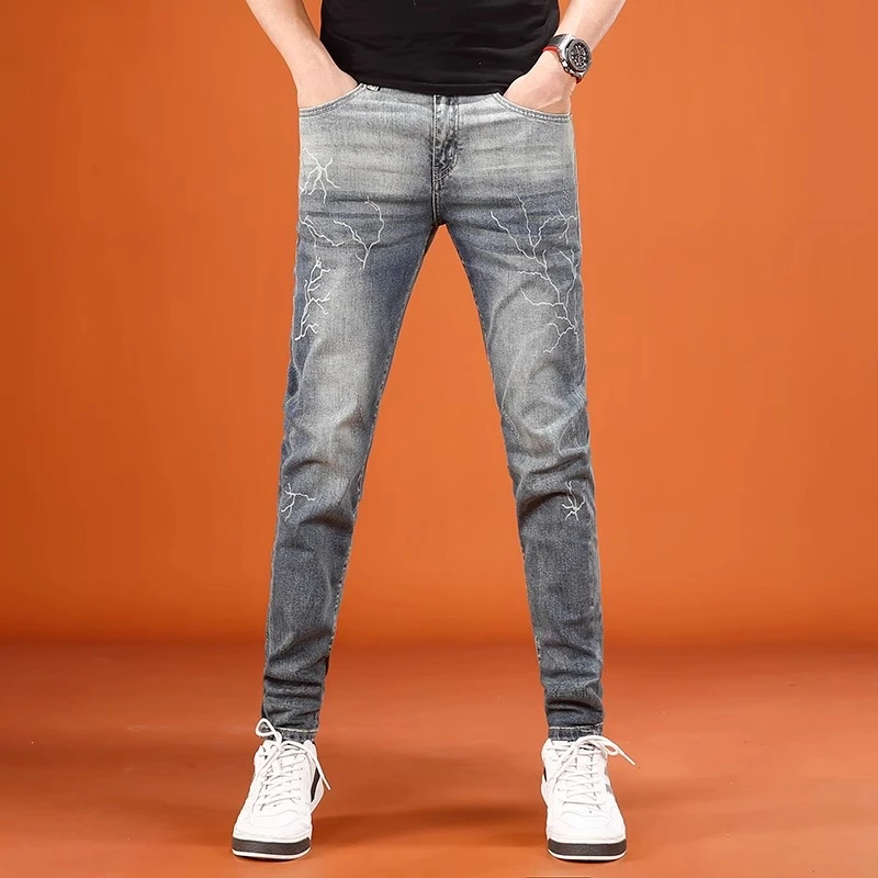 GS2025新款印花裤男潮牌时尚个性修身小脚弹力男士牛仔裤夏季薄款