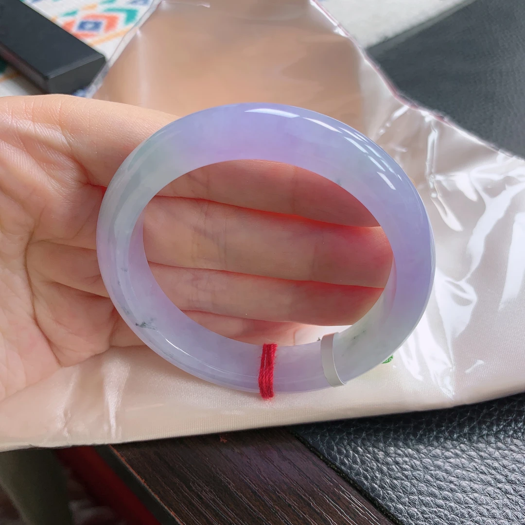 天然缅甸A货纯天然翡翠 正品时尚冰糯底冰粉紫飘花56圈宽边手镯