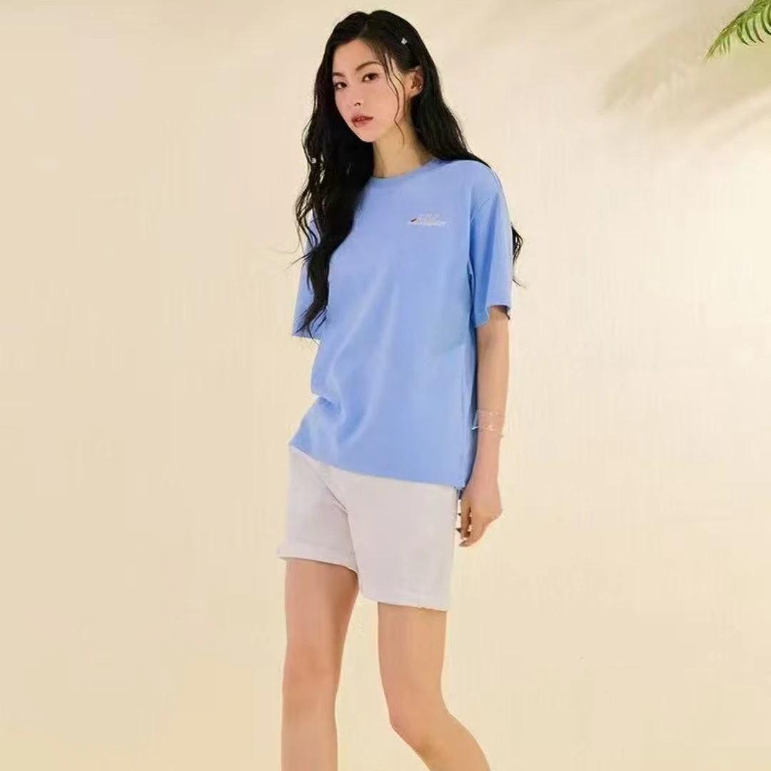 韩系彩蓝色圆领休闲夏款T恤