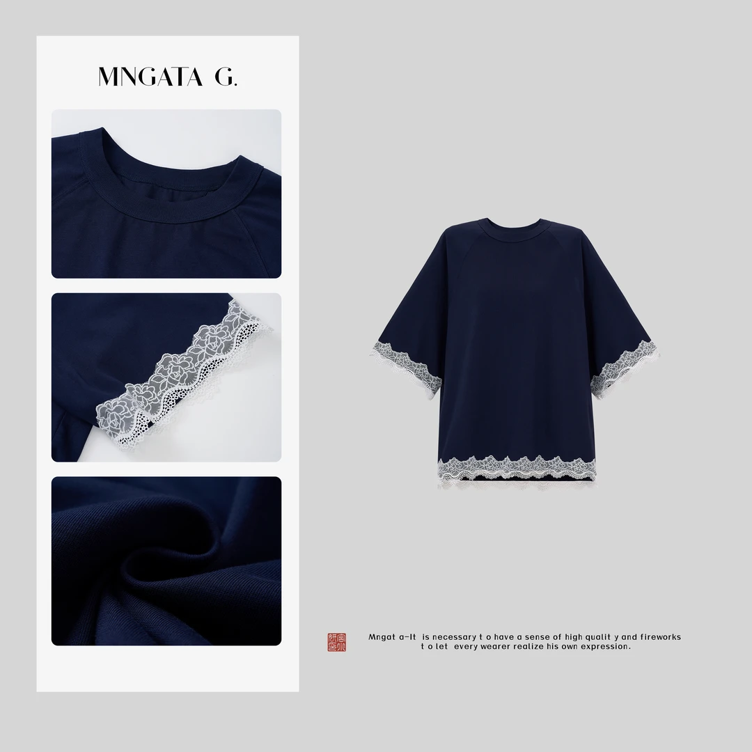 MNGATA G.宫小妍【蓝染蕾丝】夏日新中式中国风百搭日常短袖4122023