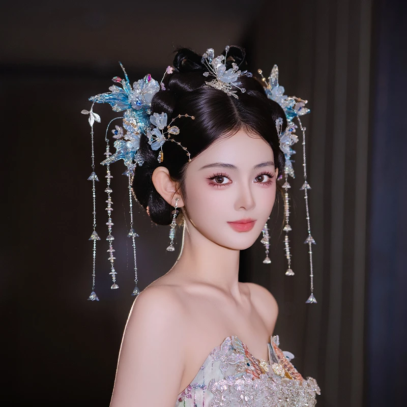 合金婚庆饰品 新娘婚礼蝴蝶银蓝色中式小众汉服流苏宫廷发饰D0519