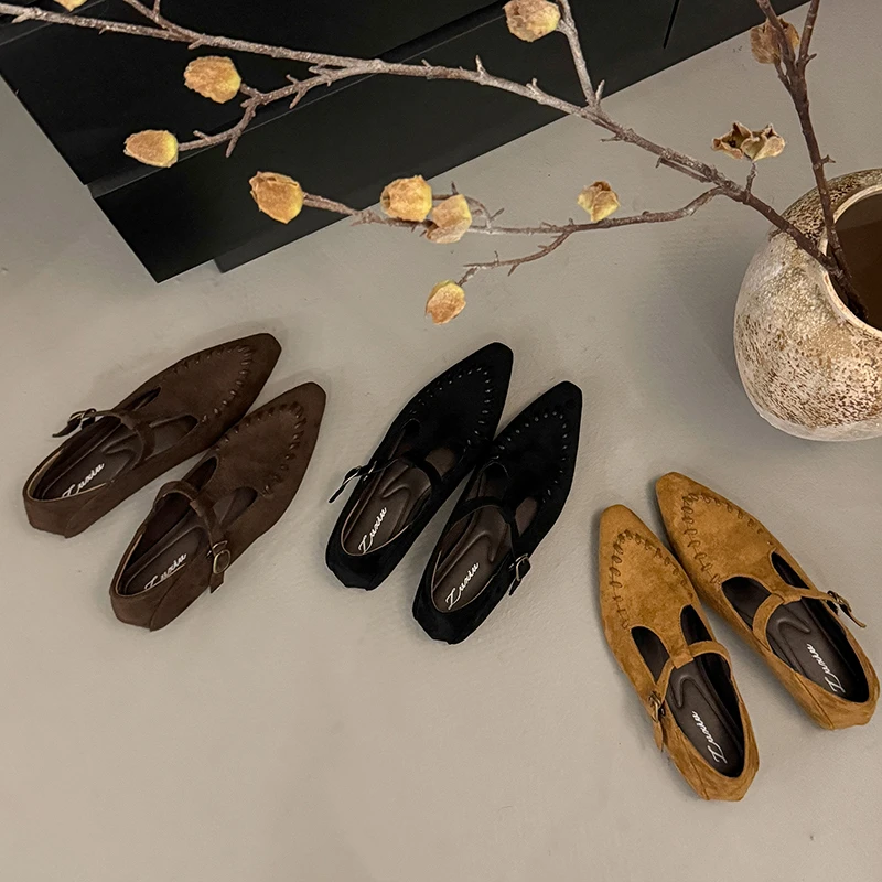 复古港风平跟休闲风一脚蹬单鞋尖头中跟夏季平底