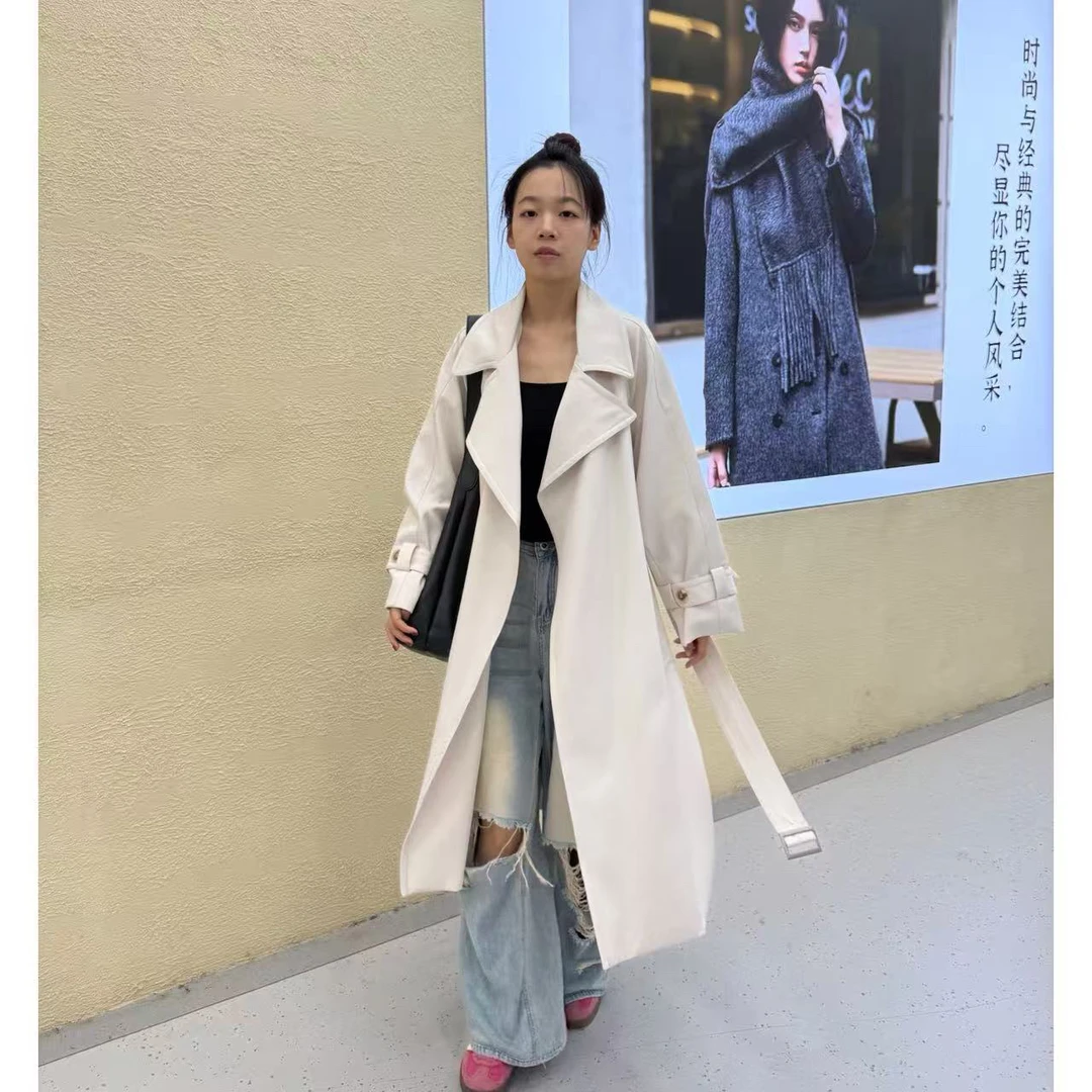 （洺语定制）微胖中长款风衣外套女春秋款收腰翻领显高宽松气质百搭
