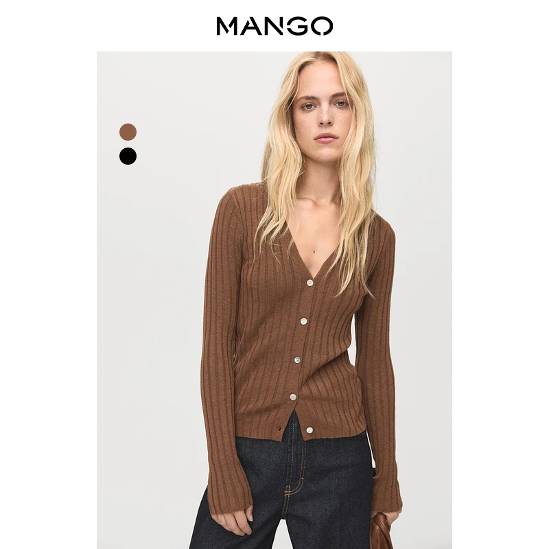 MANGO女装毛针织衫2025秋装新款简约V领罗纹修身单排扣针织毛衣