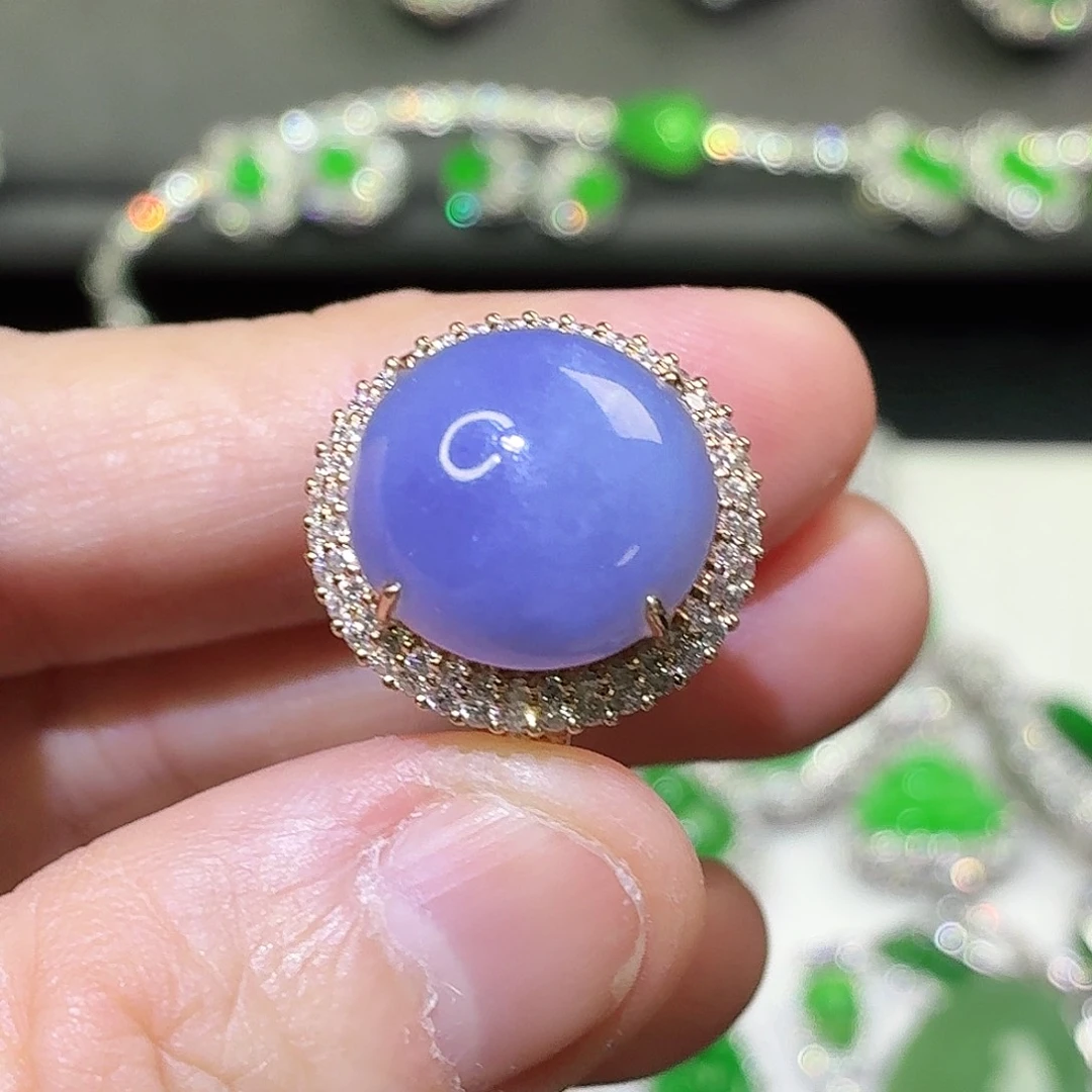 翡翠18K金镶嵌戒指紫色蛋面戒指