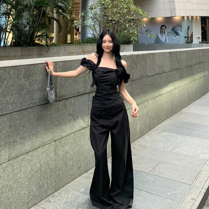 时尚套装小众一字肩黑色T恤上衣女夏季高腰宽松阔腿休闲裤两件套