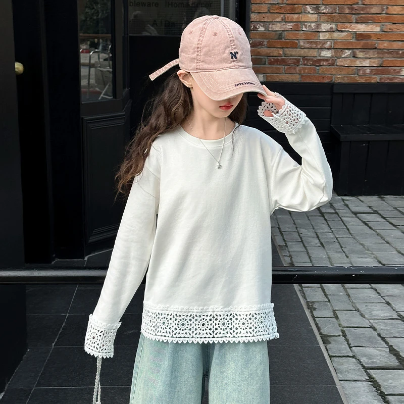 女童蕾丝花边长袖衫2025秋季新款大童韩版宽松1015岁男童大版t恤