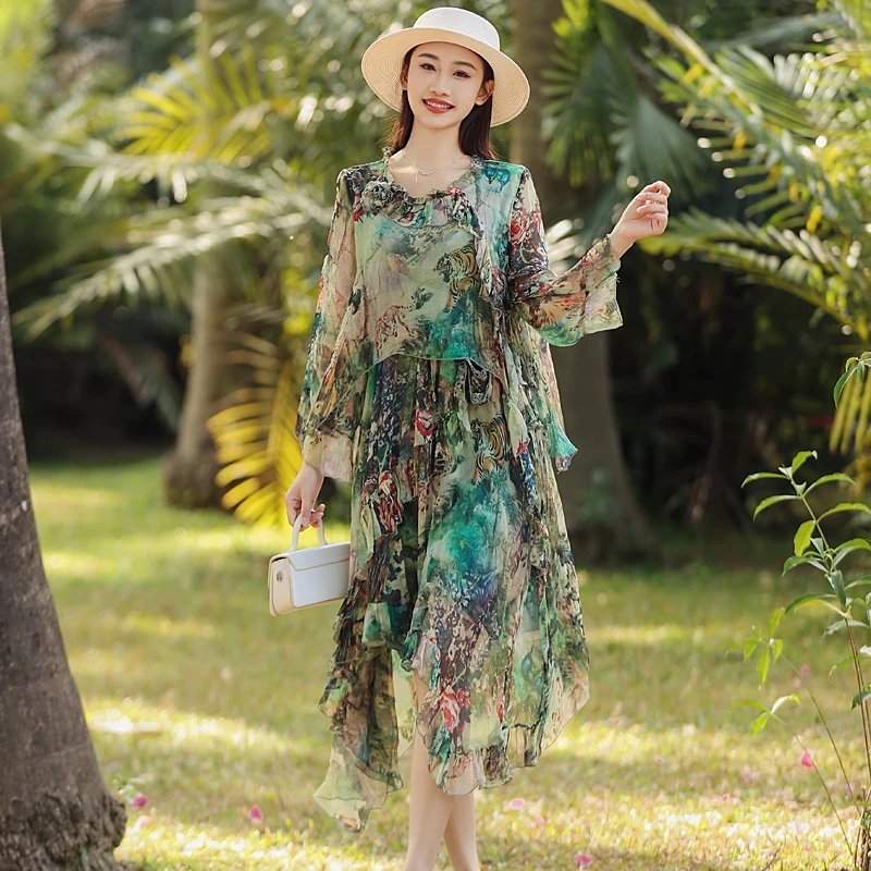 拜占庭的森林桑蚕丝印花气质休闲百搭女优雅时尚不规则真丝连衣裙