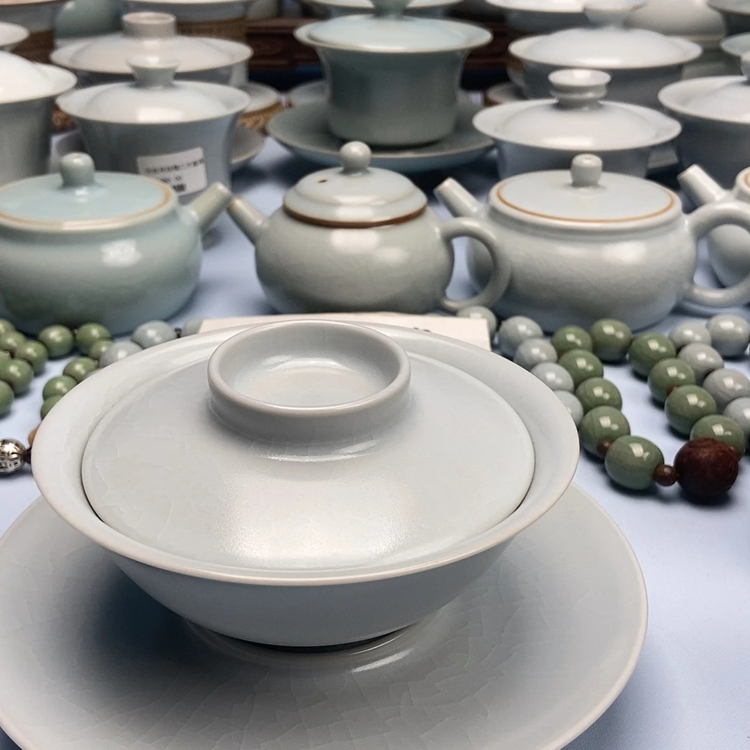 杯仿古月白釉盖碗原矿原釉原产地