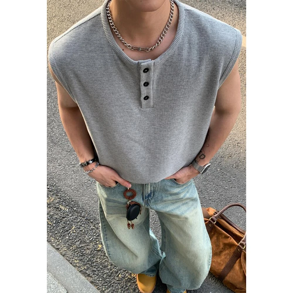 华夫格坎肩背心男款夏潮流外穿运动休闲宽松无袖老头衫亨利衫T恤