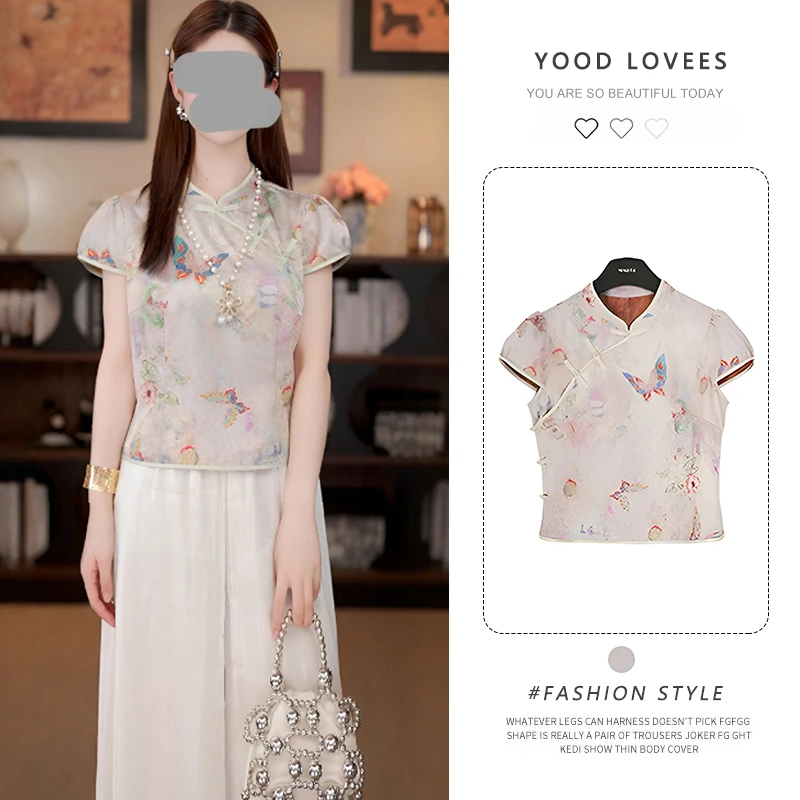 新中式国风斜襟立领短袖衬衫2025夏季新款印花盘扣减龄大码上衣女