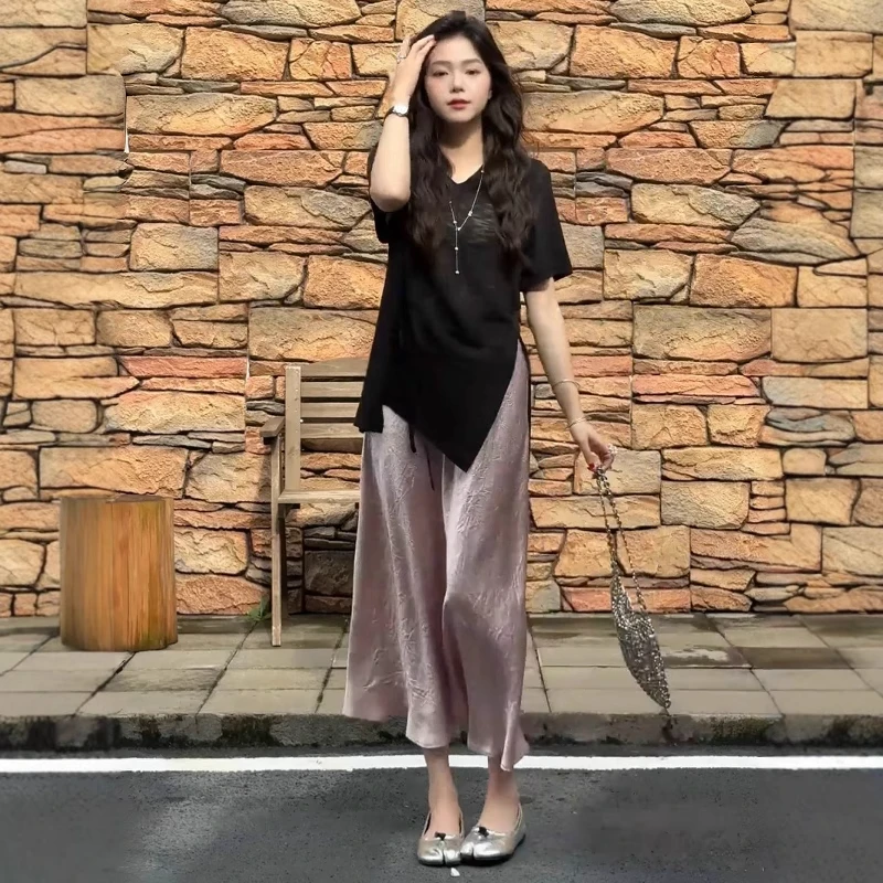 夏季绝美时尚套装女休闲不规则开叉短袖t恤醋酸滑面半身裙两件套