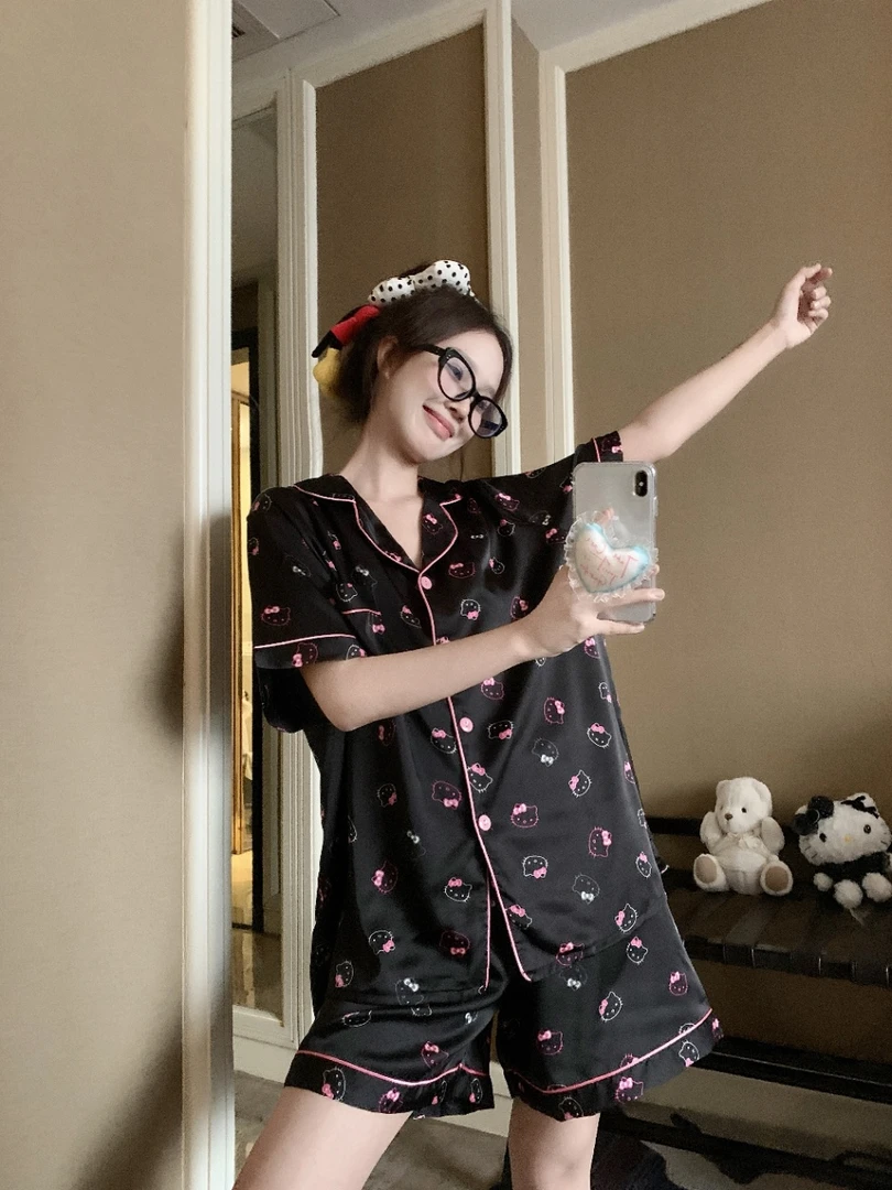 大码睡衣女冰丝短袖短裤可爱KT猫甜美可外穿家居服