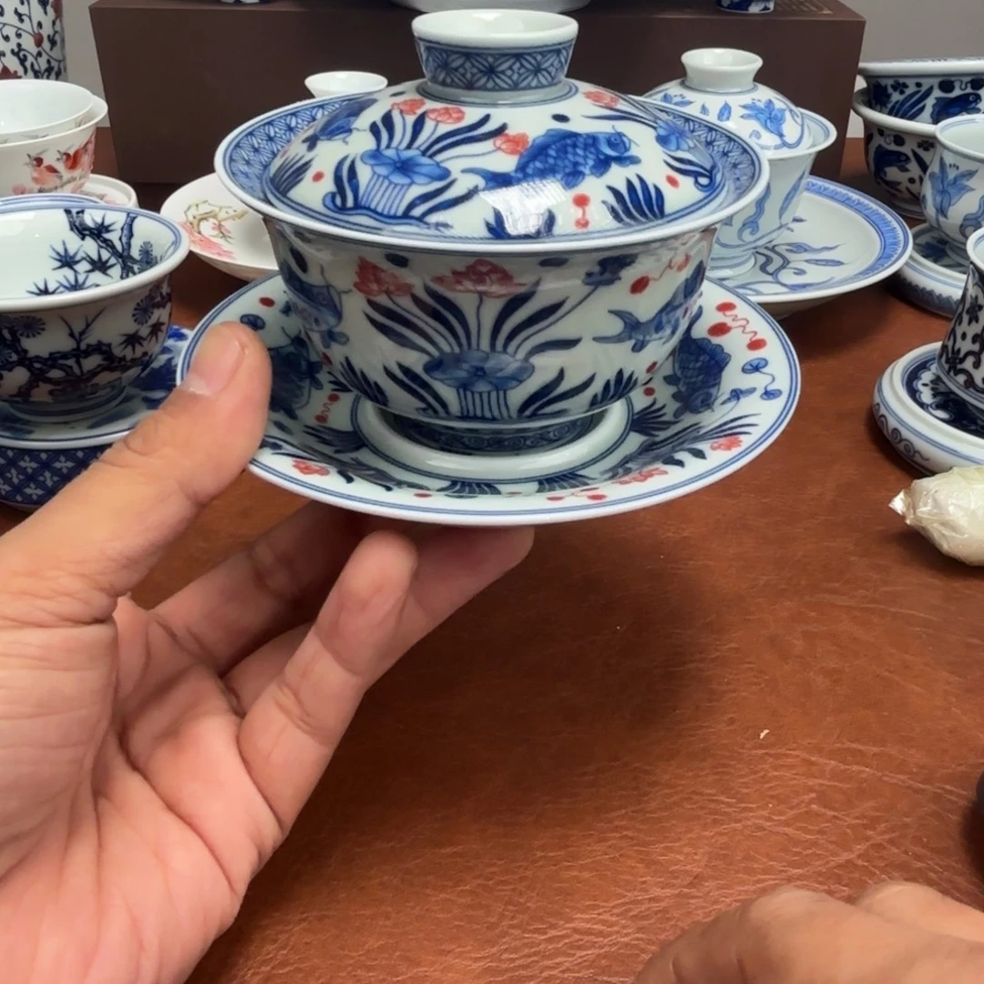 人***歡茶具三才釉里红鱼藻纹盖碗景德镇发货