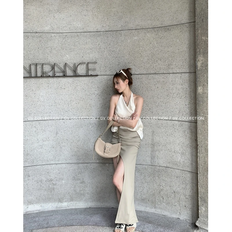 设计感法式V领挂脖吊带背心女2025夏季新款高级感不规则半身裙子