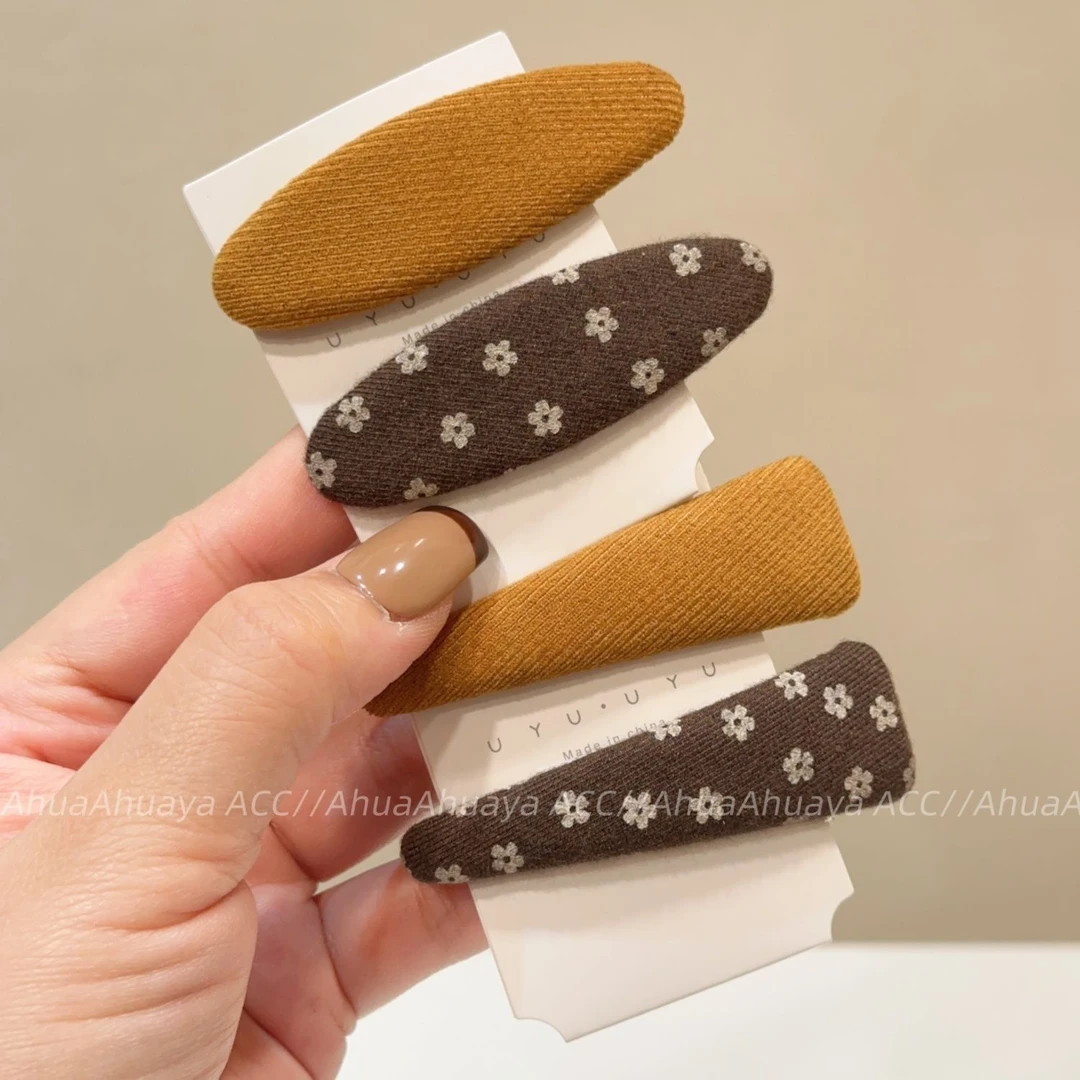 最新款秋冬甜美韩版南瓜色磨毛印花朵布艺椭圆BB夹时尚少女心发夹