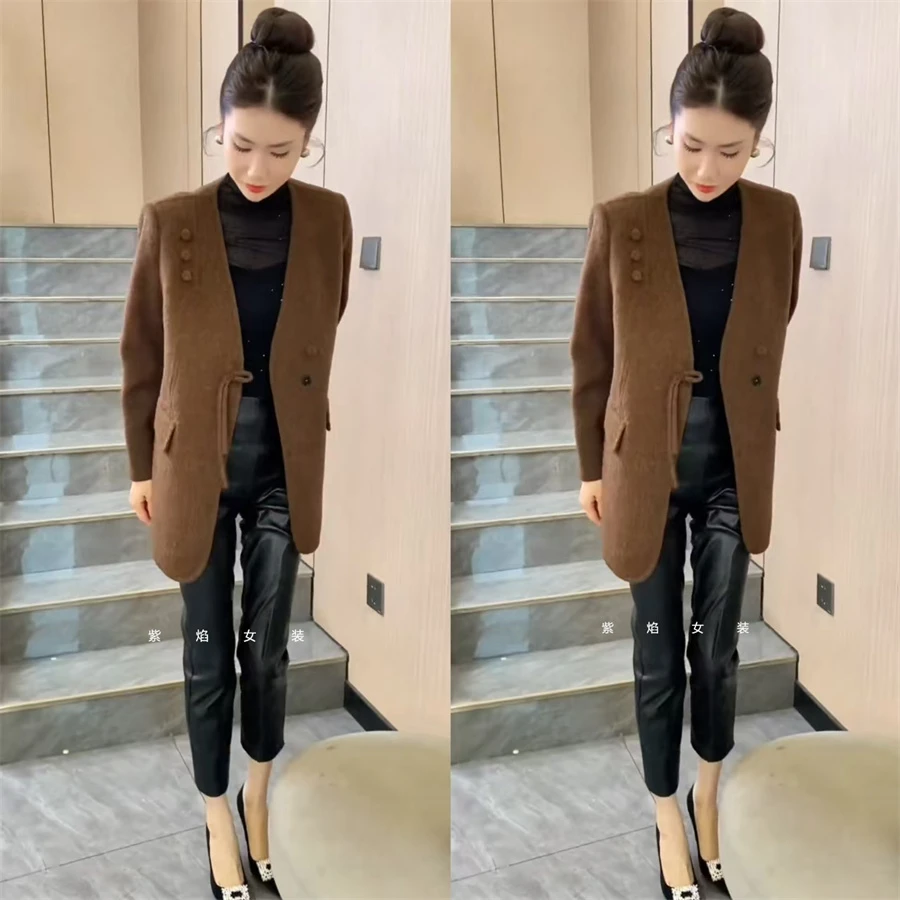 欧货红时髦高档复古设计盘扣2024冬季通勤西装裤秋冬女士高腰显瘦